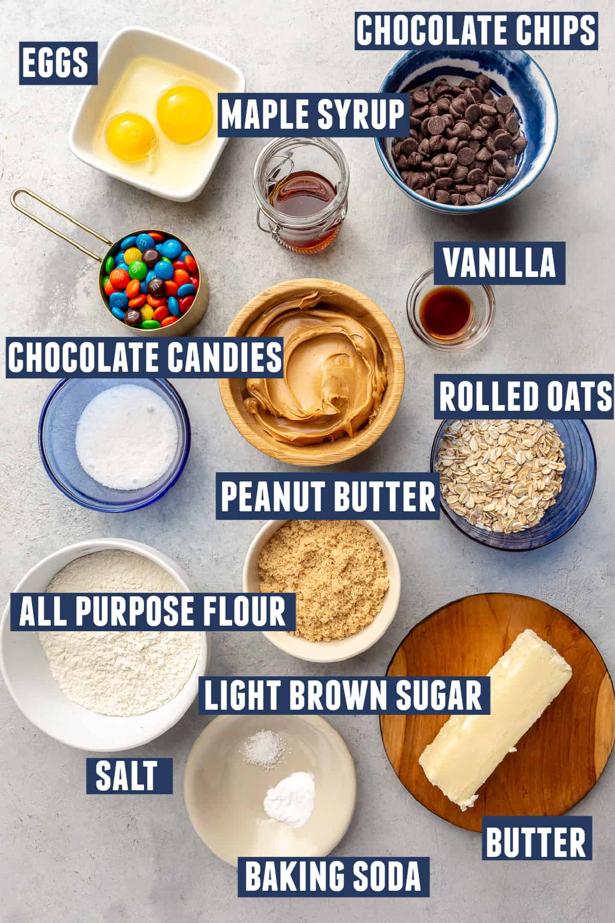 Ingredients needed to make monster cookie bars laid out on the counter. 