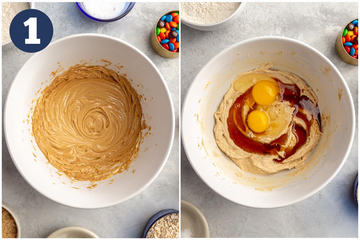 Collage showing a bowl filled with creamed butter and peanut butter, then eggs and vanilla being added. 