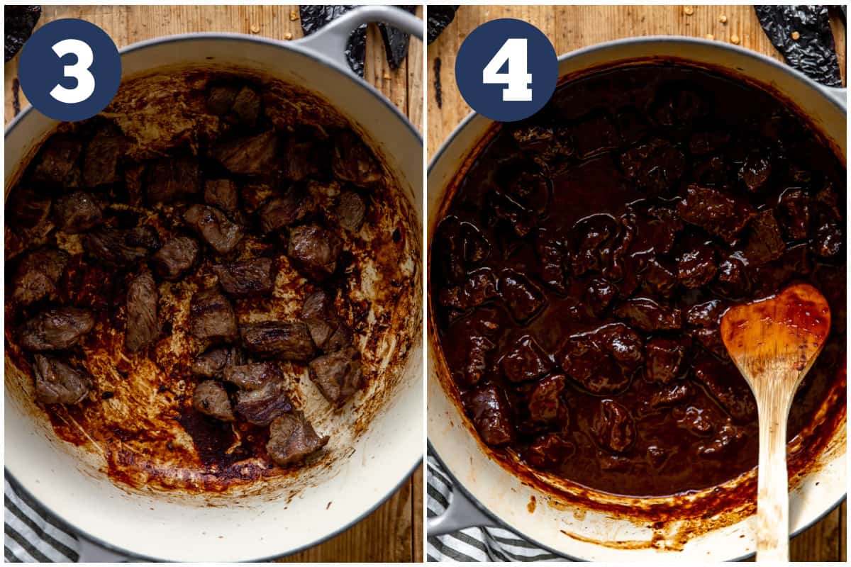 Collage showing chunks of chuck roast being seared in a dutch oven, and then meat simmering in a red Chile sauce. 