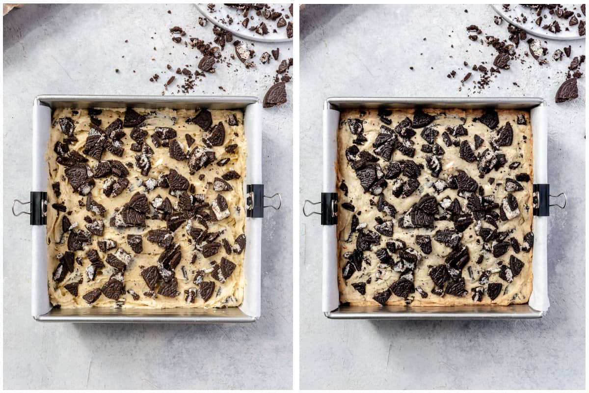 Oreo bars in a square baking pan before and after baking. 