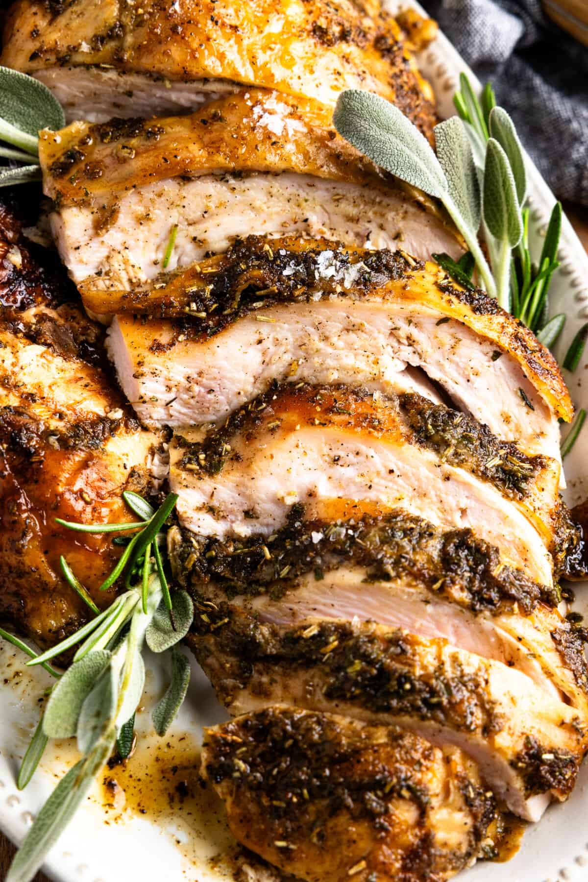Sliced smoked turkey breast on a platter. 