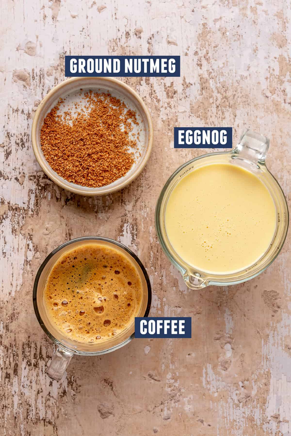 Ingredients needed to make an eggnog latte. 