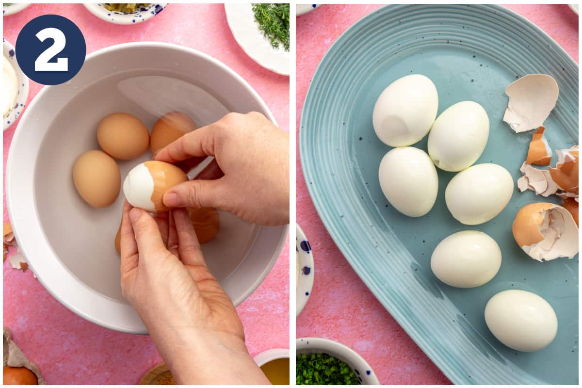 Peeling hardboiled eggs and setting on a platter. 