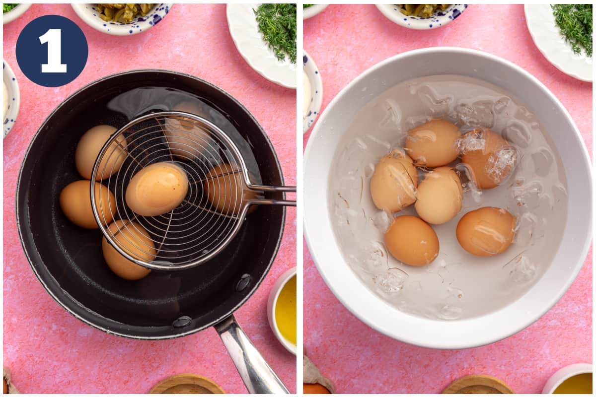 Boiling eggs, then removing to a bowl of ice water.