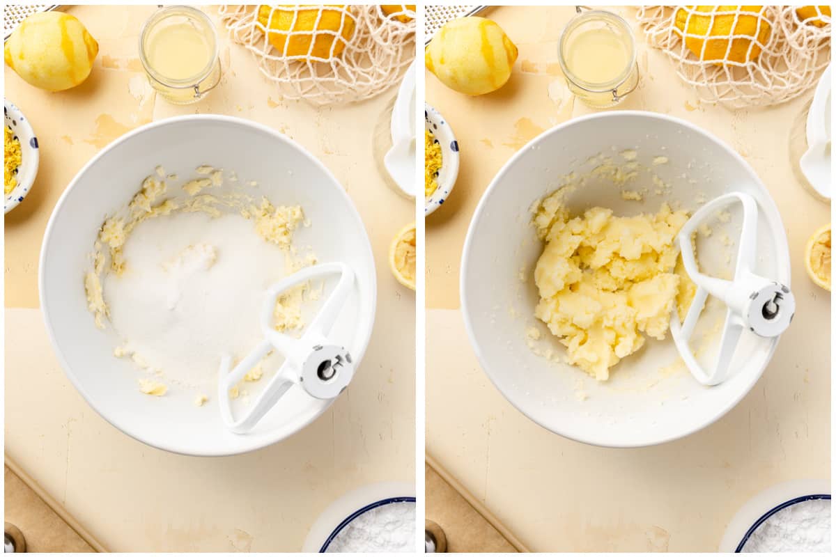 Creamed butter and white sugar in a mixing bowl.