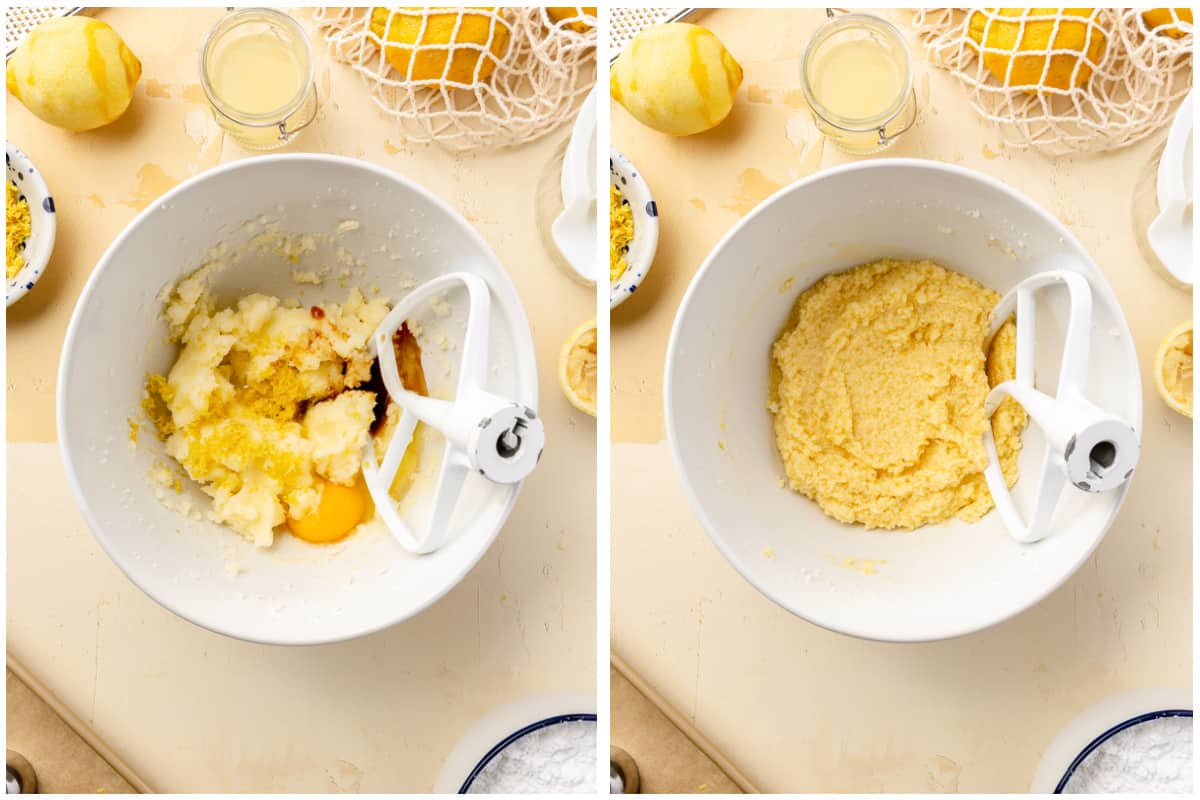 Egg, vanilla, and lemon juice being added to butter and sugar, then mixed. 
