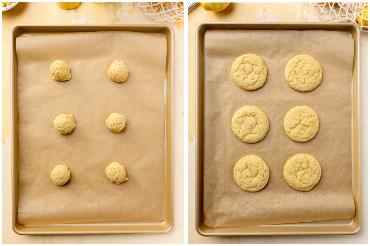 Lemon cookies on a baking sheet before and after baking. 