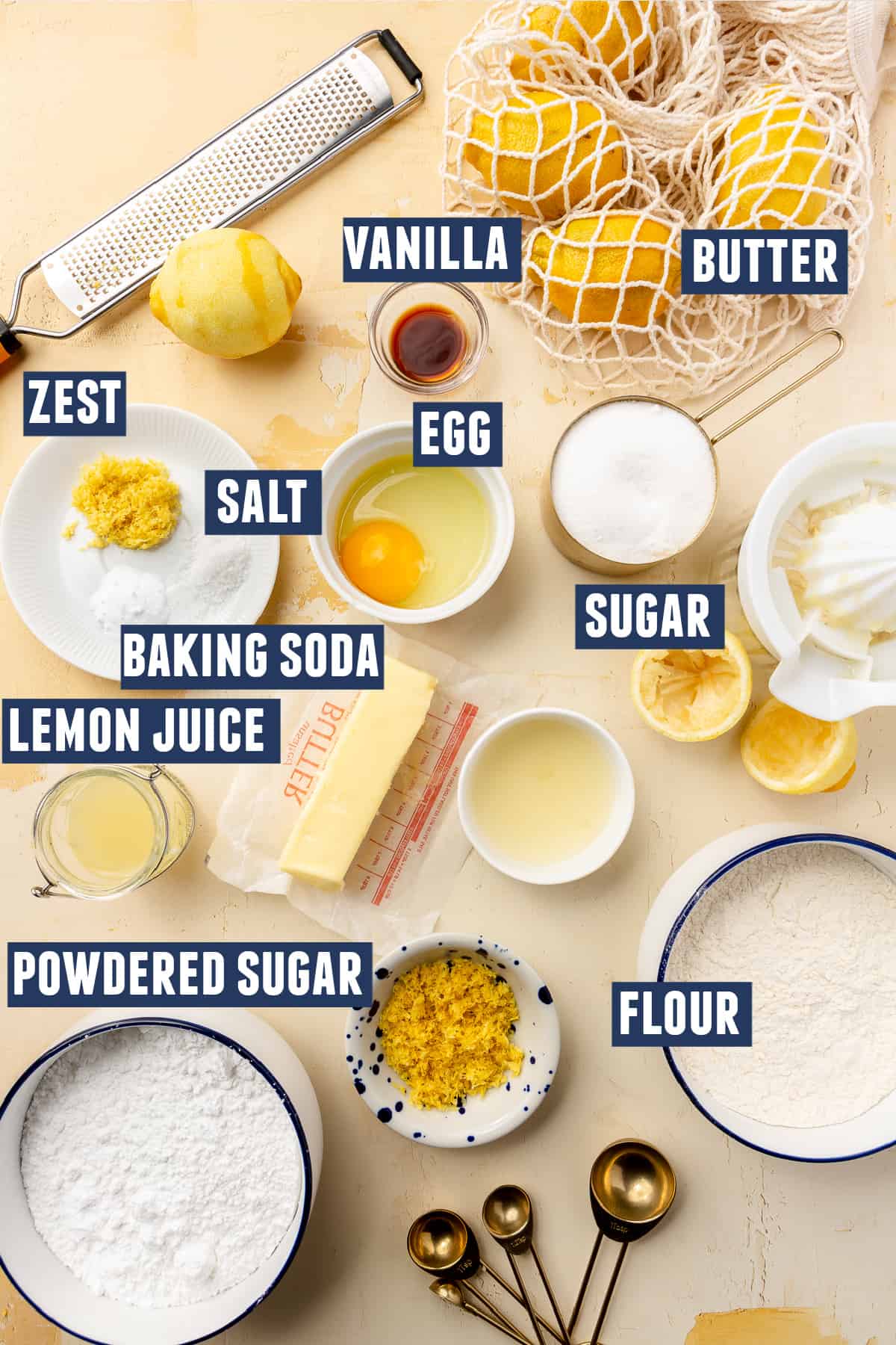 Ingredients needed to make lemon cookies laid out on the counter. 