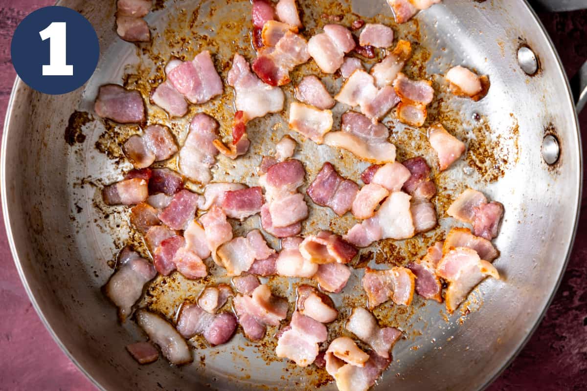 Rendering bacon in a skillet. 