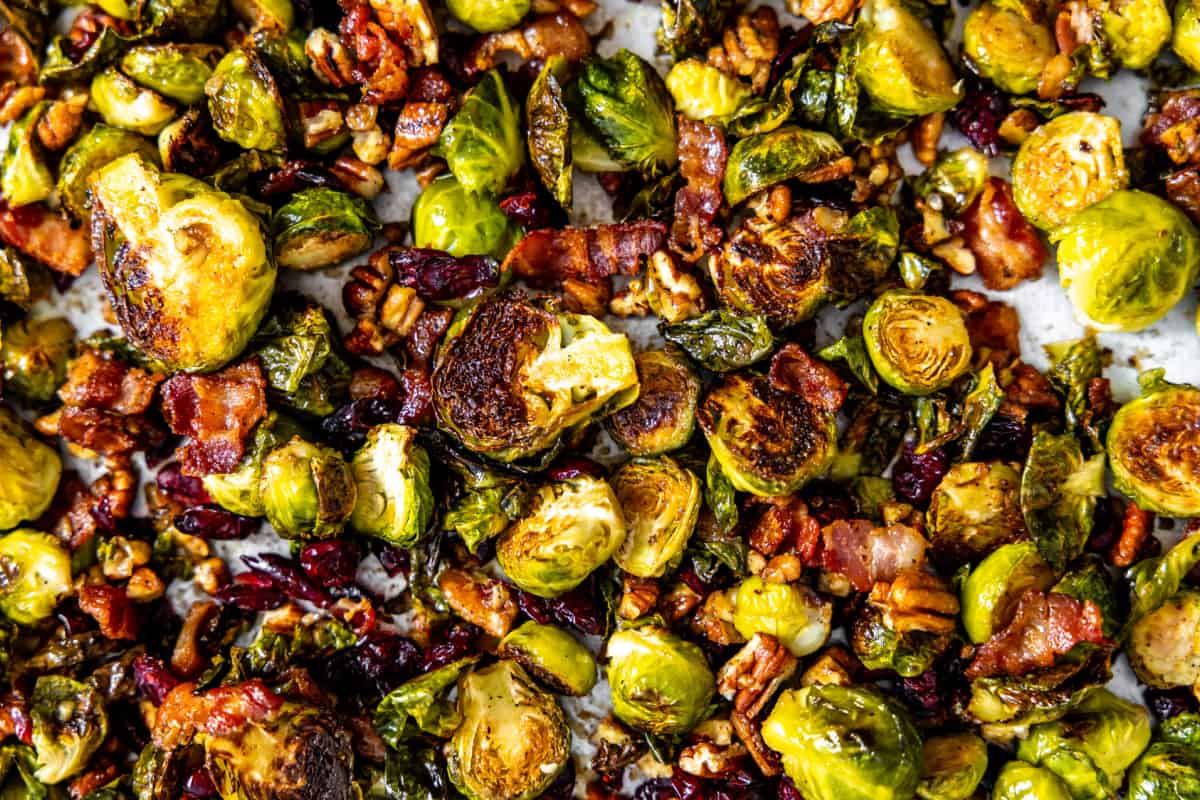 Roasted brussels sprouts with bacon, pecans, and dried cranberries. 