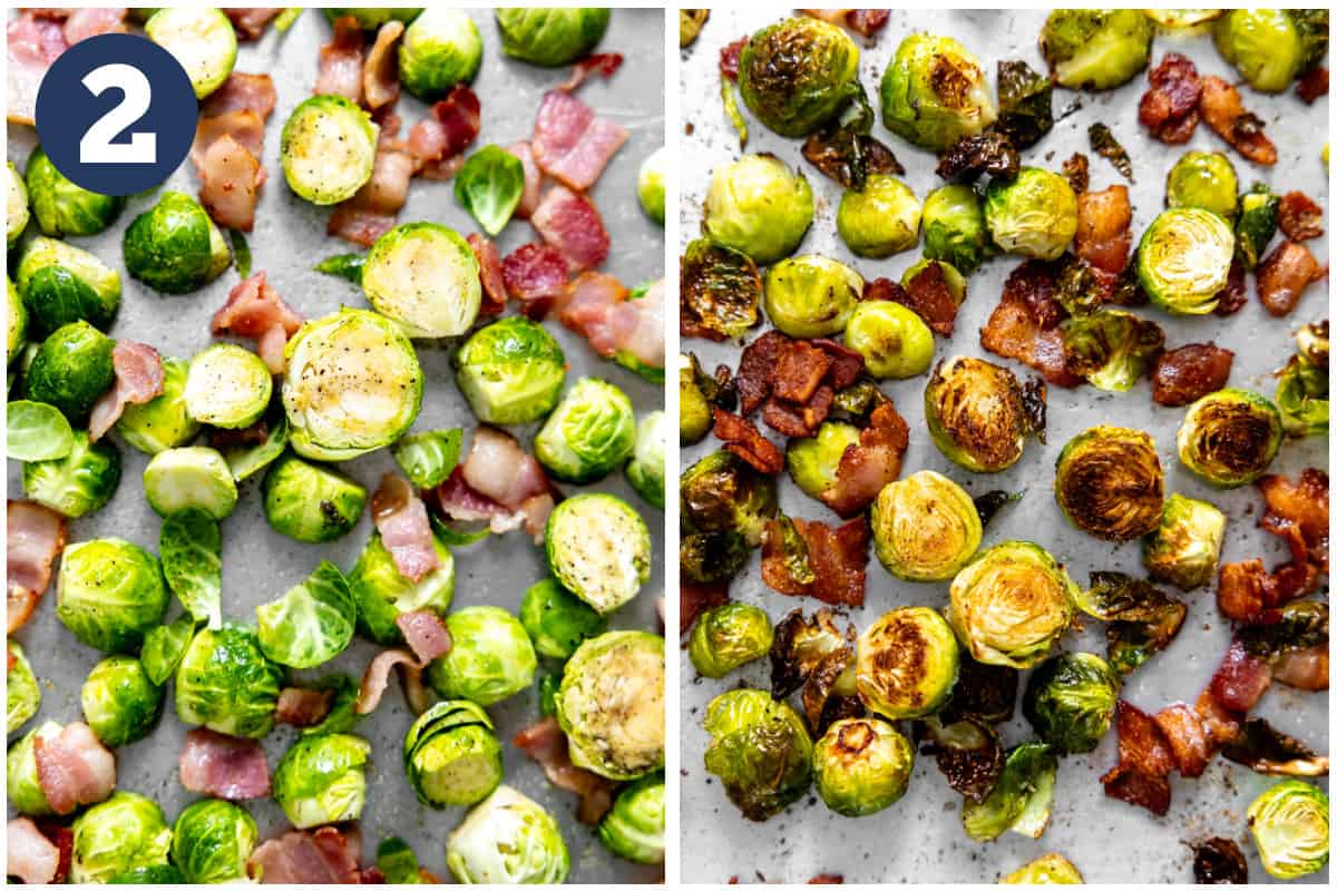 Brussels sprouts and partially cooked bacon on a baking sheet before and after roasting. 