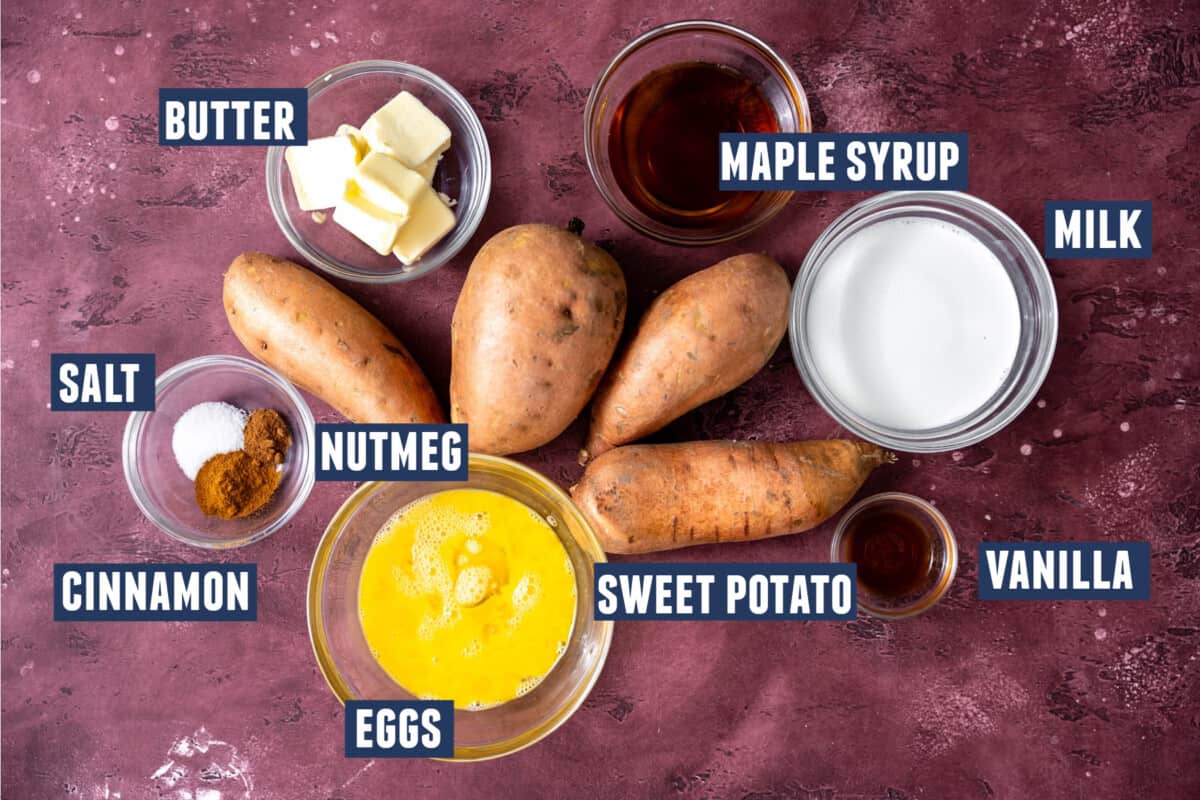 Ingredients needed to make sweet potato casserole laid out on the counter. 