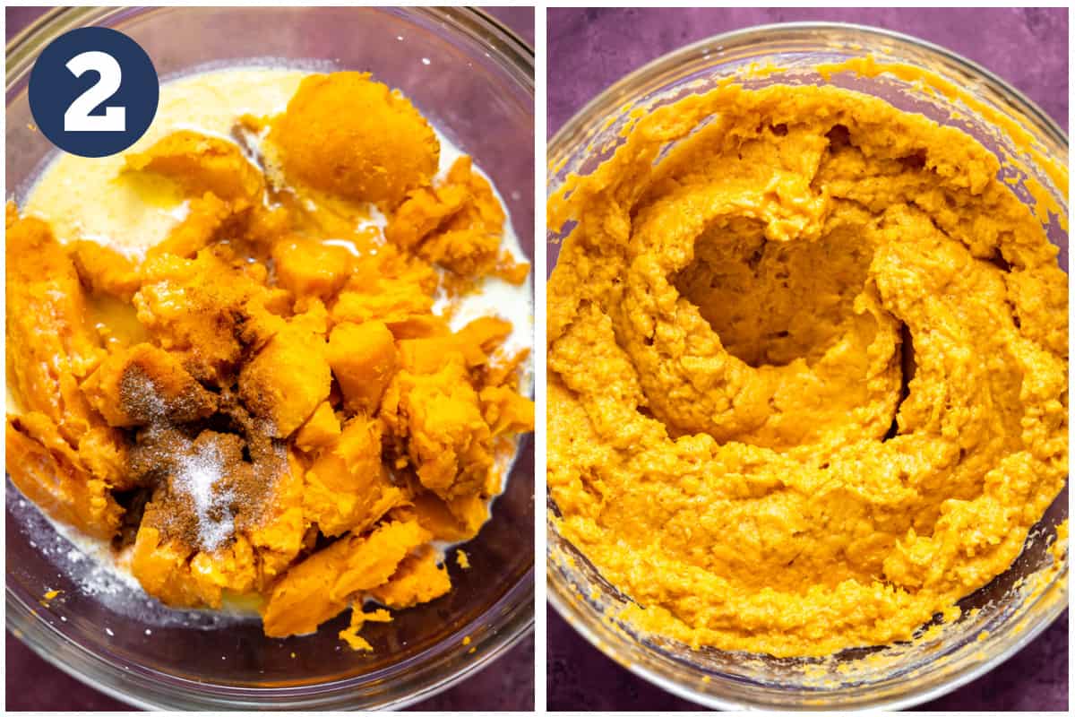 Ingredients added to sweet potato puree before and after mixing. 
