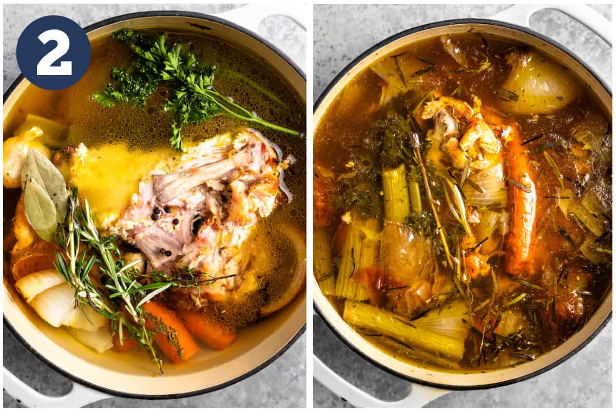 Dutch oven filled with turkey carcass and vegetables with water before and after boiling. 