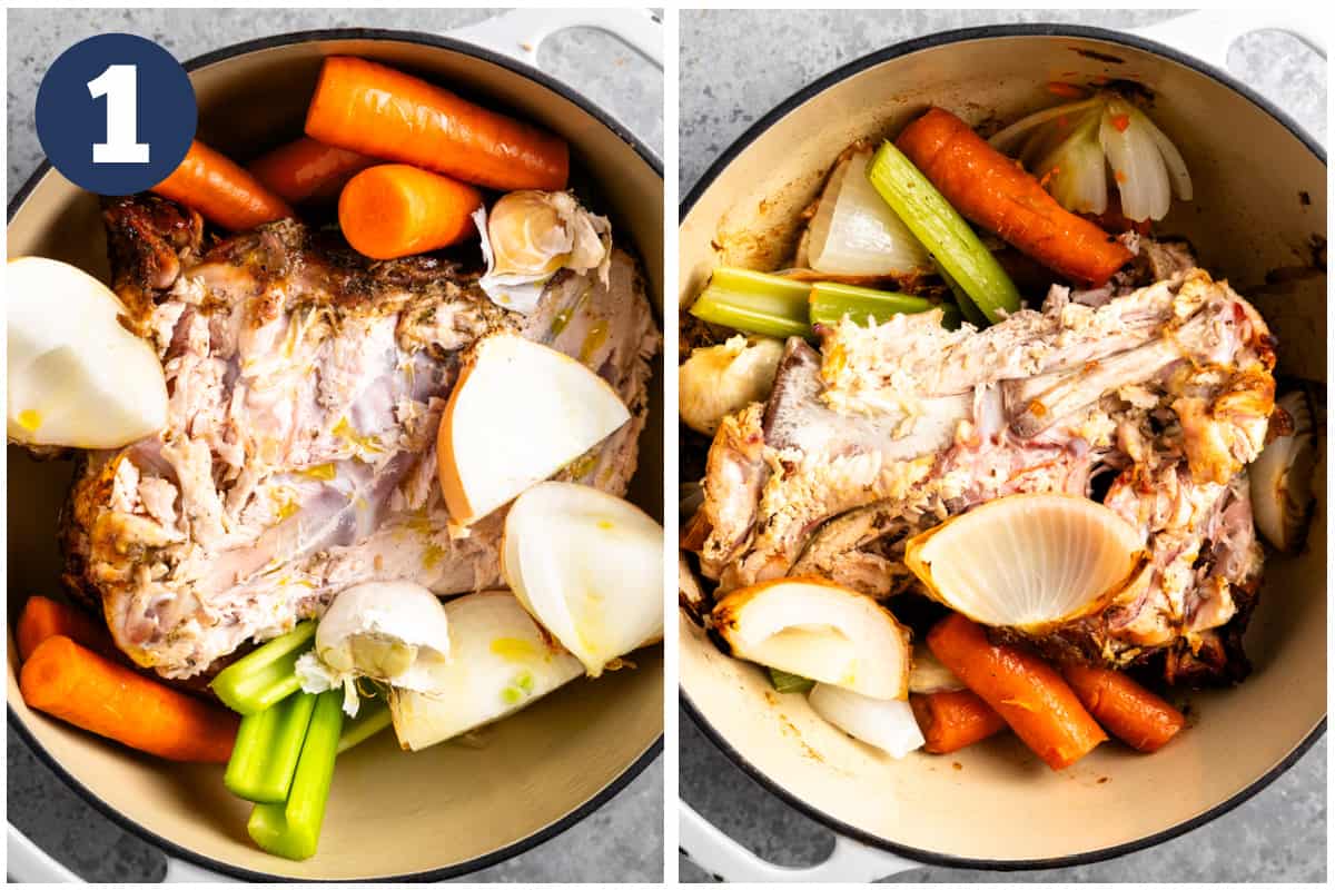 Collage showing ingredients for broth in a dutch oven before and after roasting. 