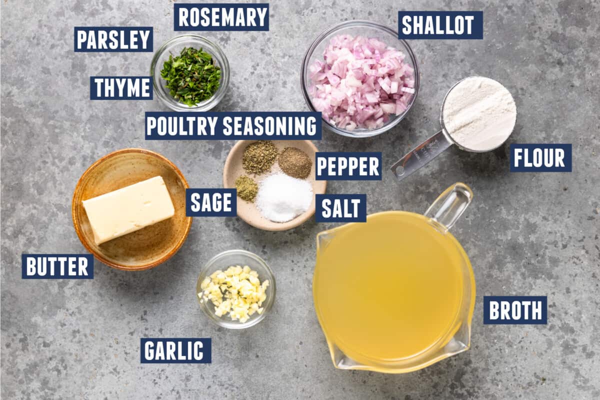 Ingredients needed to make turkey gravy without drippings laid out on the counter. 