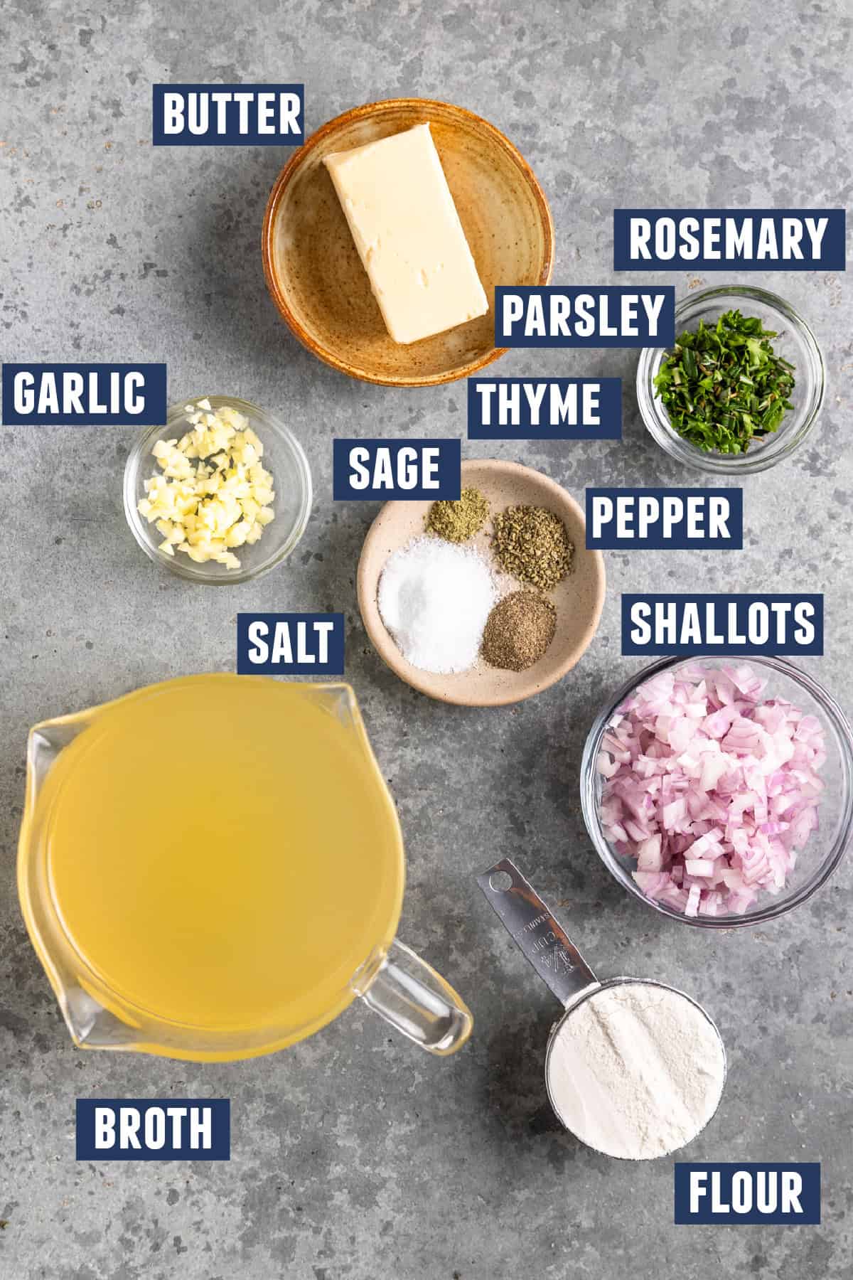 Ingredients needed to make turkey gravy without any drippings.