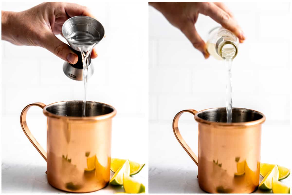Pouring tequila and ginger beer into a copper mug.