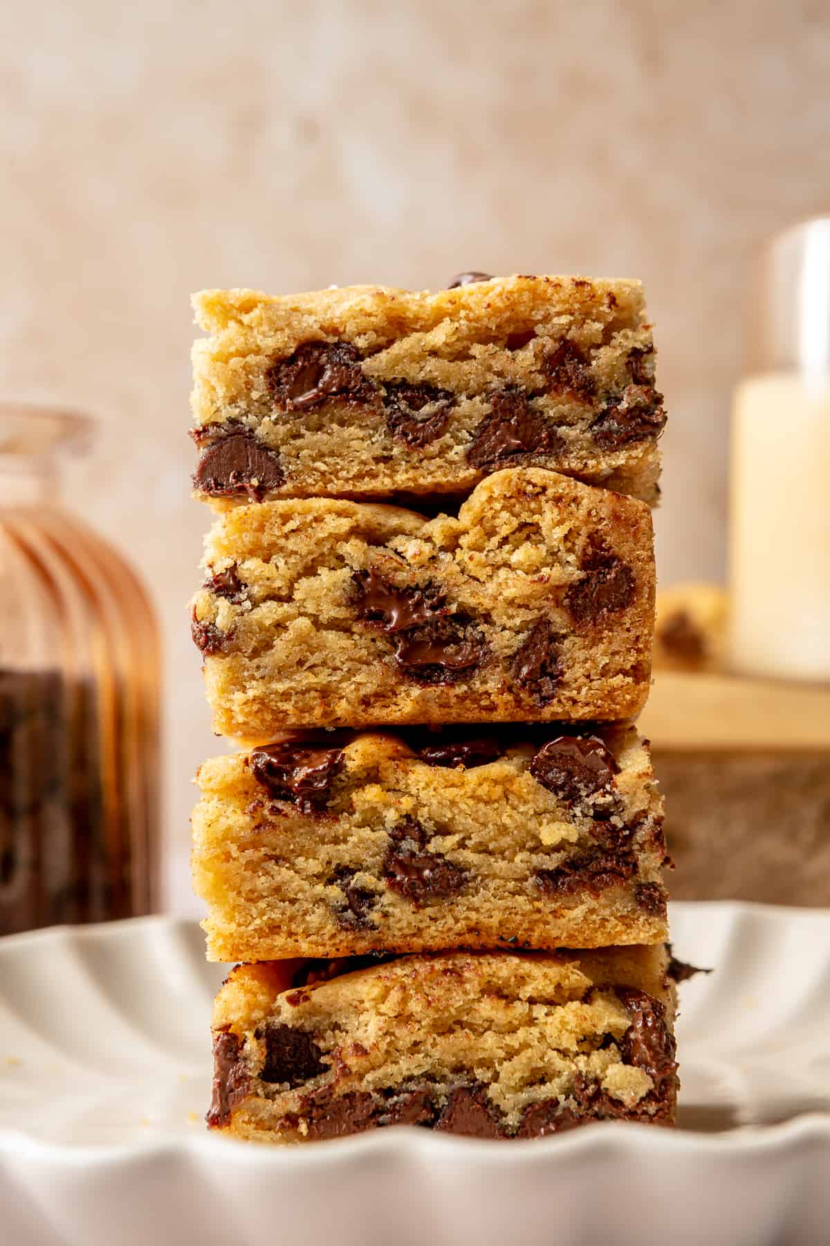 Stack of cookie bars with chocolate chips. 