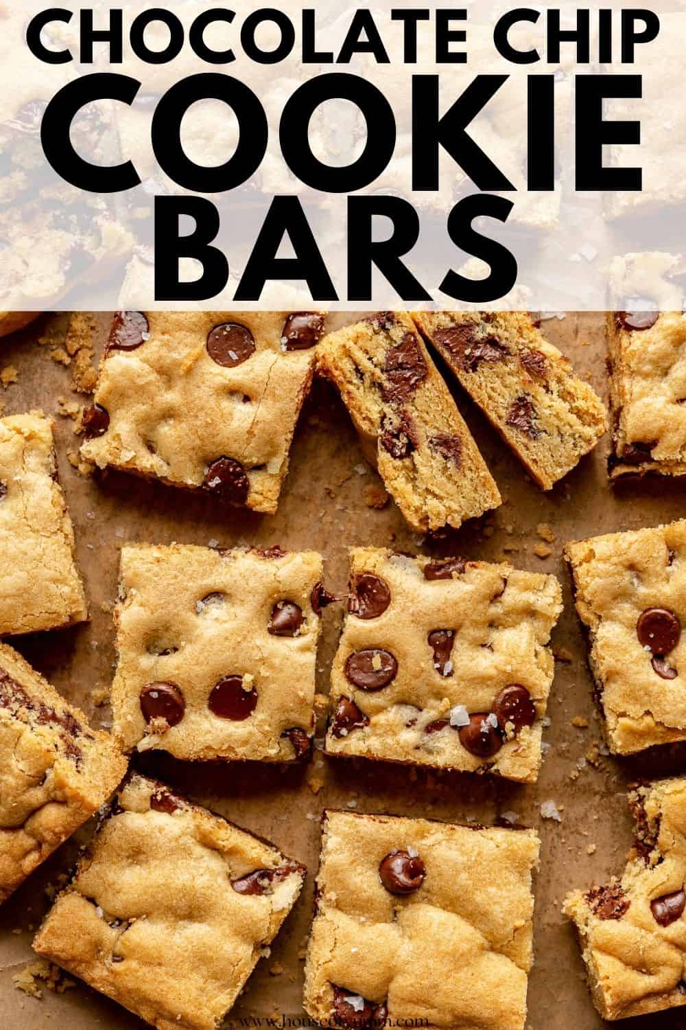 Chocolate chip cookie bars with text.