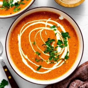 Bowl of roasted red pepper soup.
