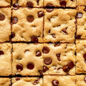 Sliced cookie bars with chocolate chips.