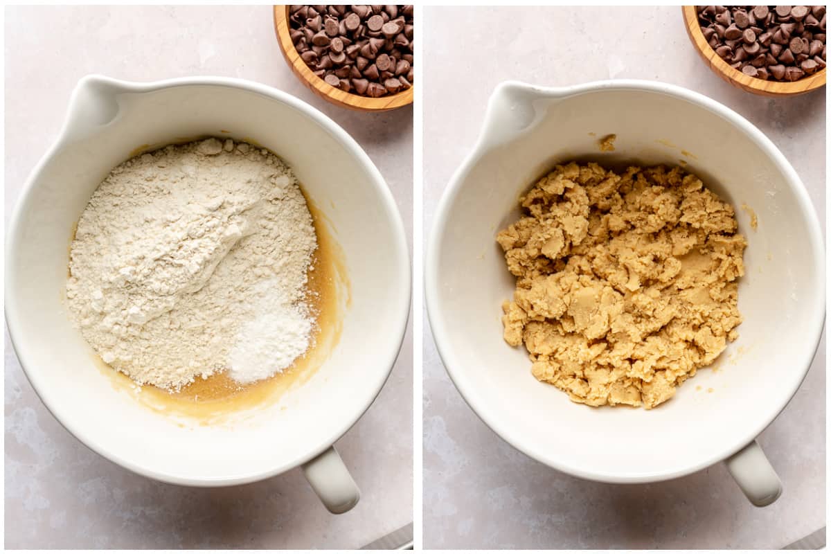 Adding dry ingredients of flour, baking soda, salt, and cornstarch to cookie bar dough.