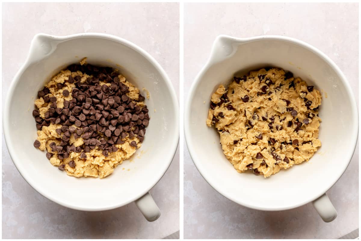 Chocolate chips added to cookie dough before and after mixing.