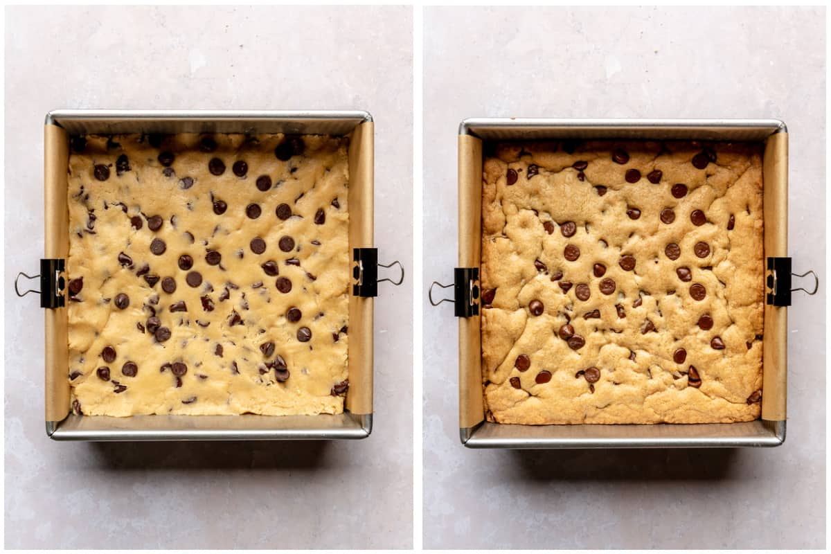 Baking pan lined with parchment paper filled with cookie dough before and after baking.