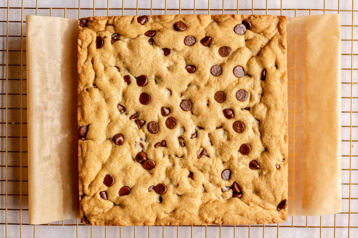 Cookie bars removed from the baking pan and cooling on a wire rack.