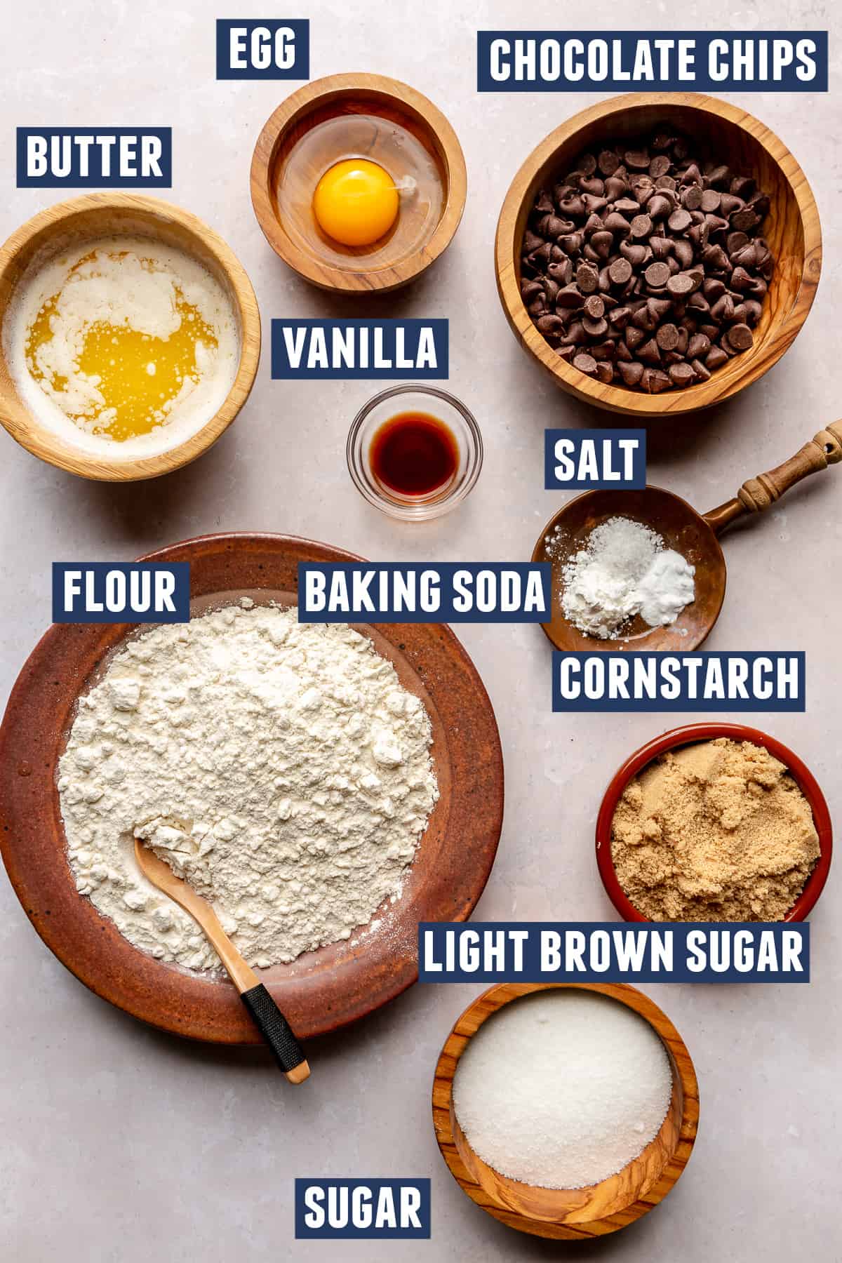 Ingredients needed for chocolate chip cookie bars.