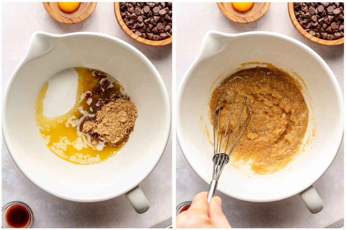 Mixing bowl with sugars, and melted butter before and after mixing.