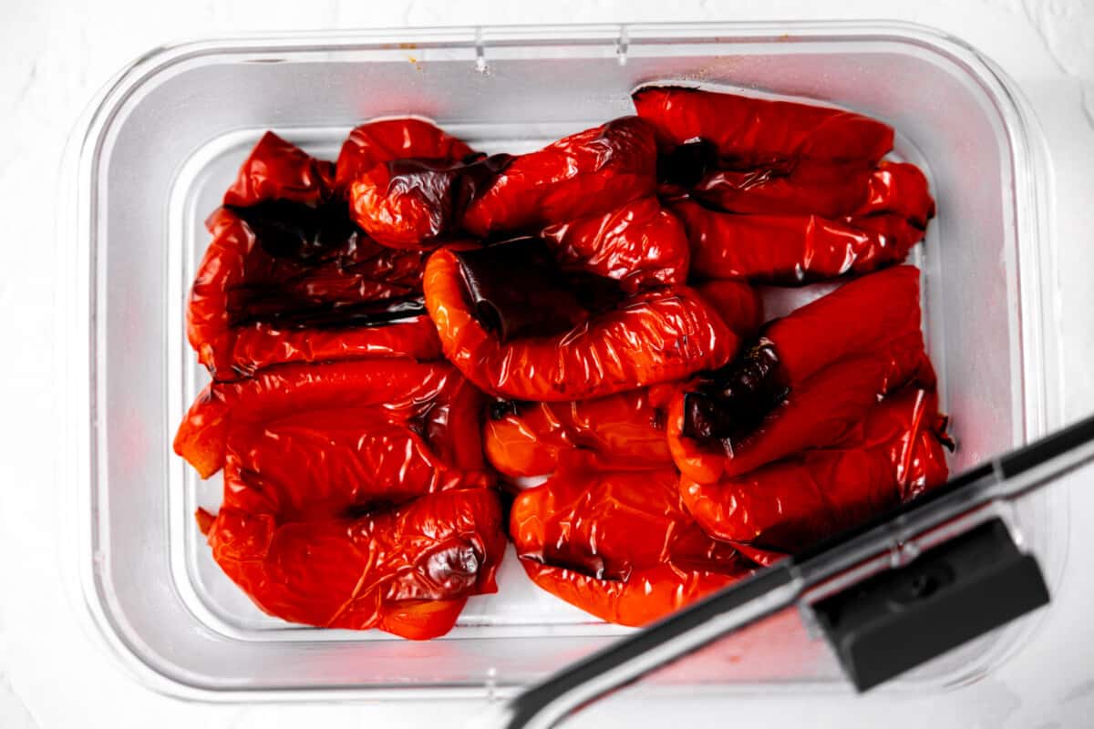 Roasted red bell peppers in a container before peeling skin off.