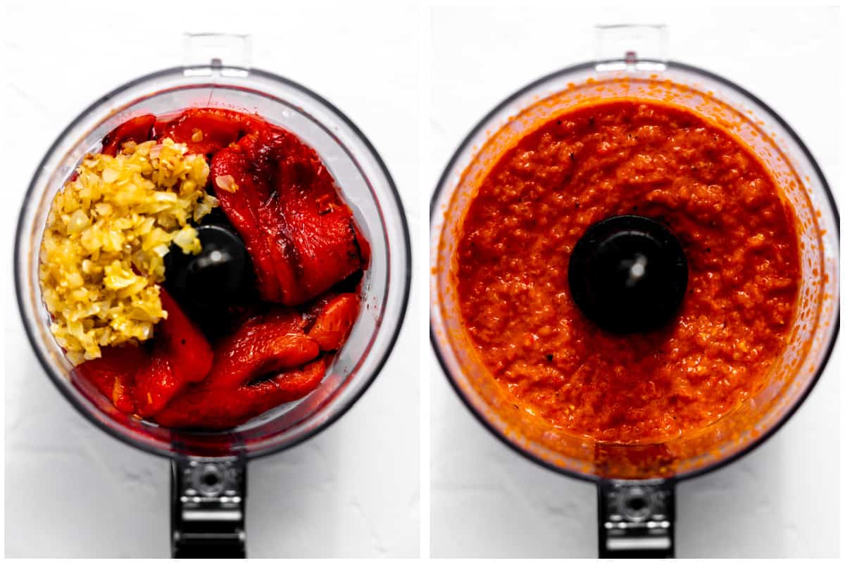 Food processor with roasted peppers, garlic and onion before and after blending.