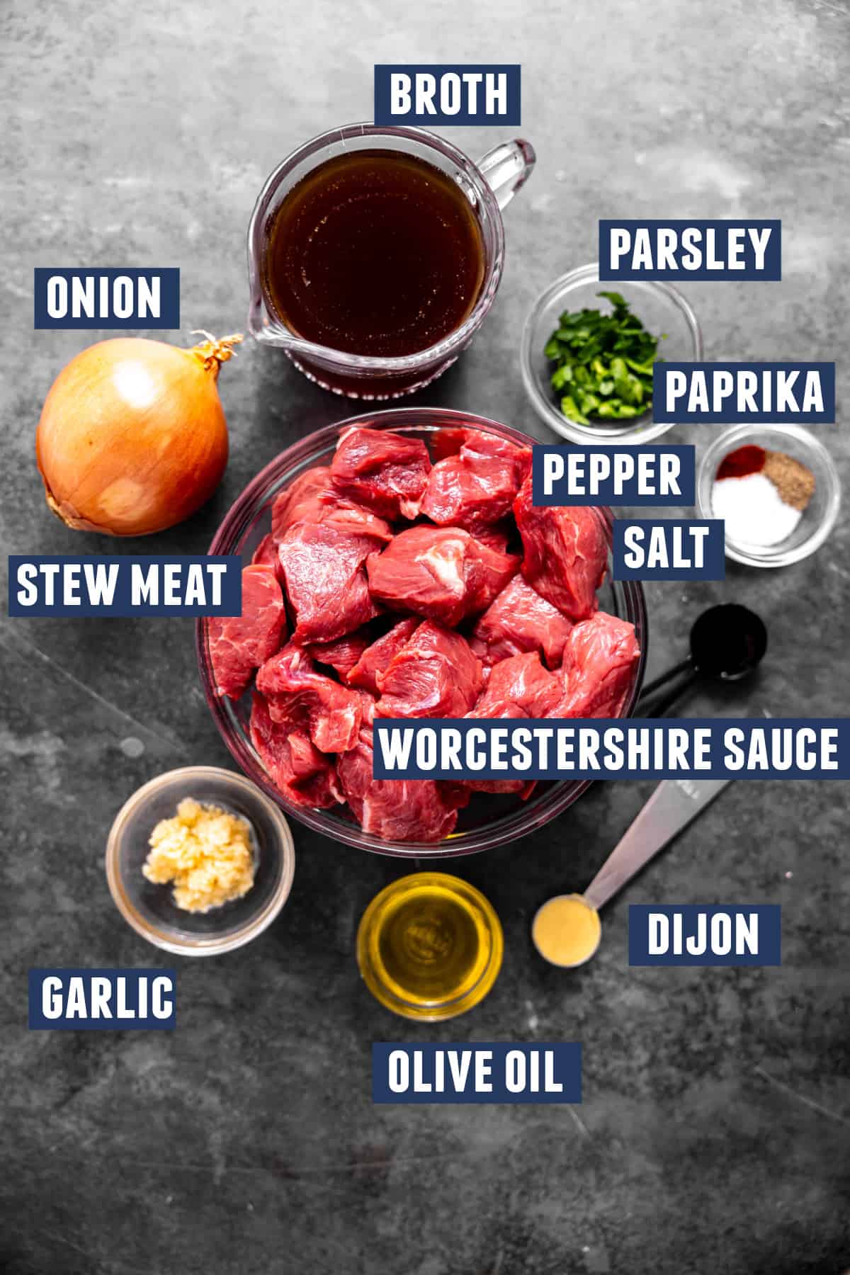 Ingredients in beef tips and gravy.