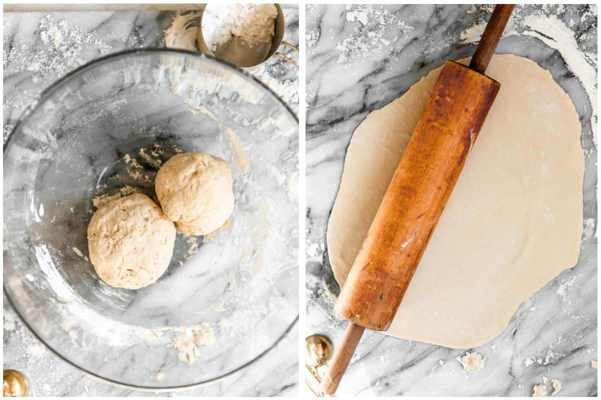 Two balls of dough resting in a bowl, then dough being rolled out with a wooden rolling pin.