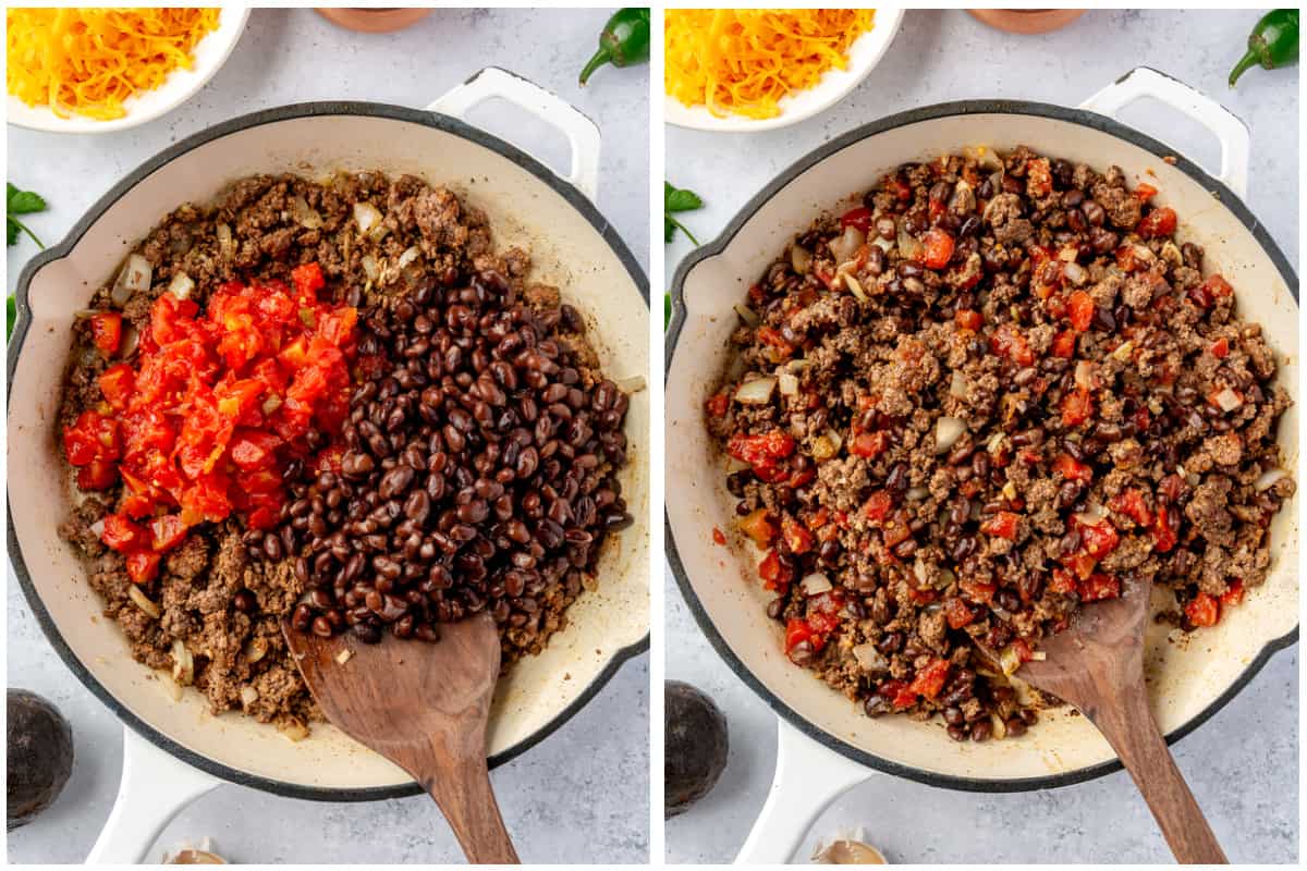 Cooked ground beef in a skillet with beans and diced tomatoes added.