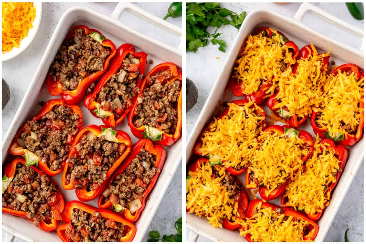 Bell peppers in baking dish filled with taco meat mixture, then topped with cheese.