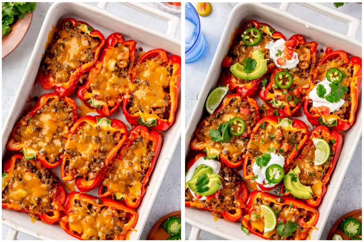 Baked taco stuffed bell peppers with melted cheese then other toppings added.