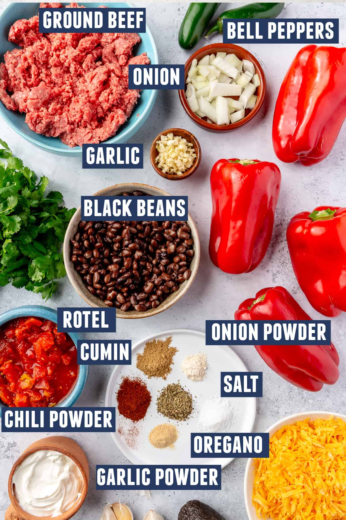 Ingredients needed to make taco stuffed bell peppers.