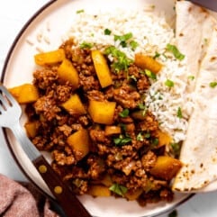 Plate with rice and ground beef picadillo with a flour tortilla.
