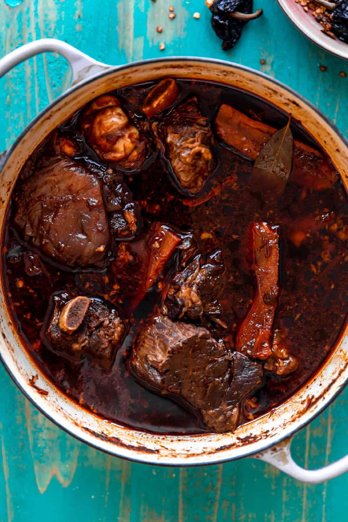 Birria stew in a large stockpot.