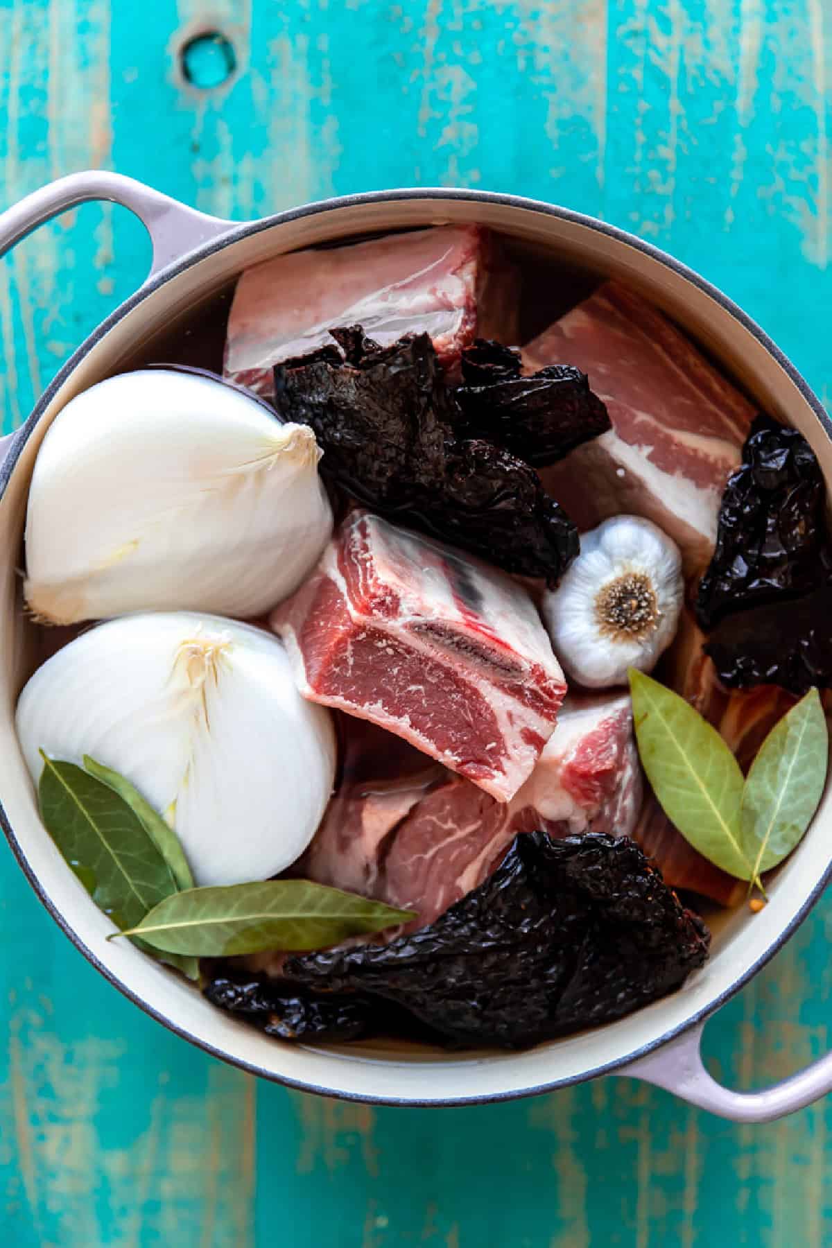 Ingredients needed to make birria meat for tacos in a large stockpot.