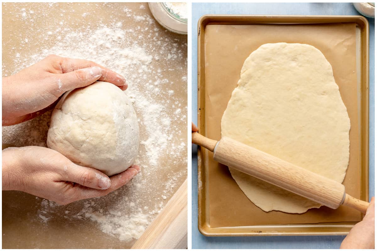 Rolling pizza dough into a ball then rolling out onto a baking pan. 