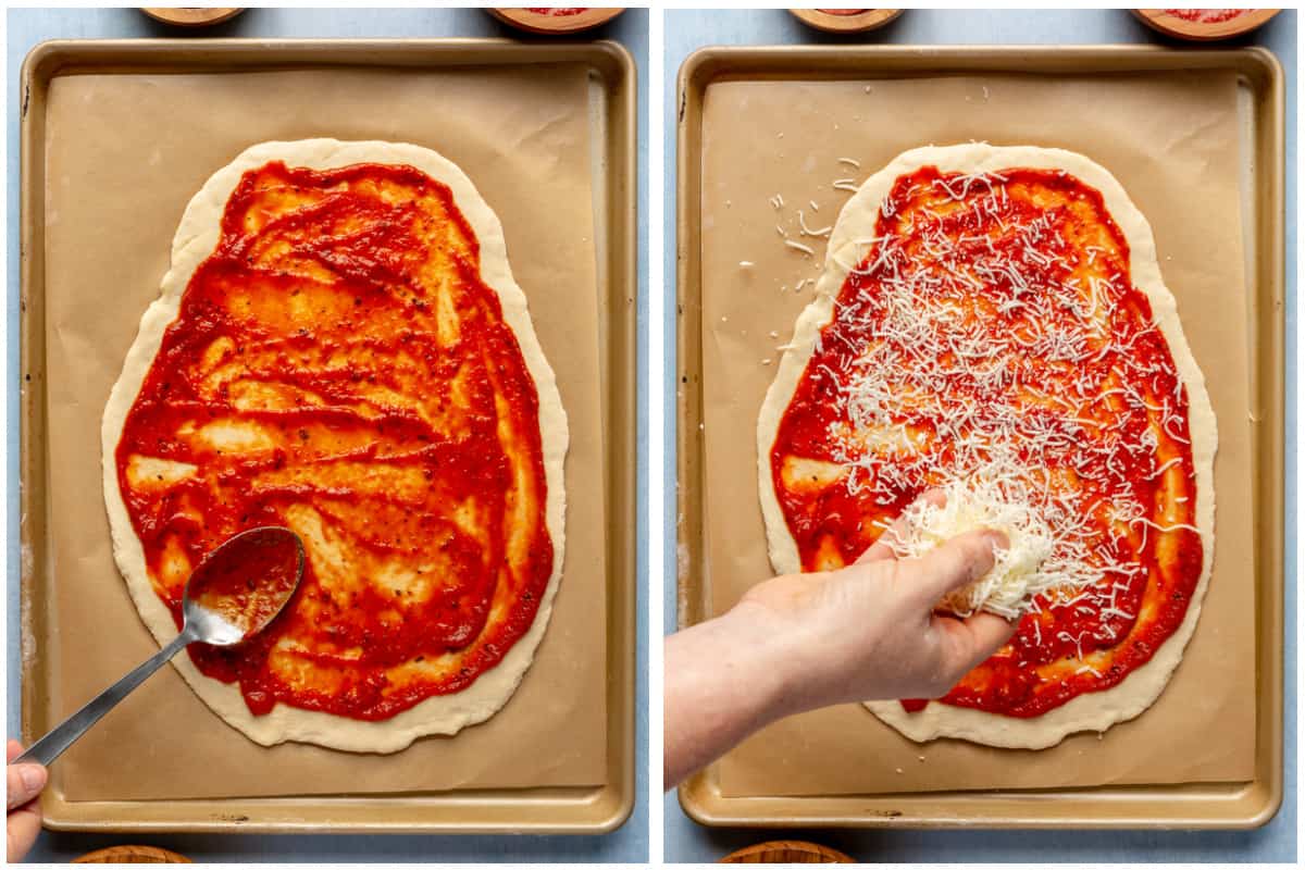 Spreading pizza sauce on dough, then sprinkling with cheese. 
