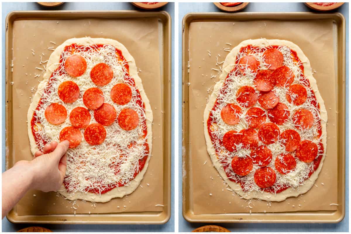 Adding pepperoni to a pizza. 