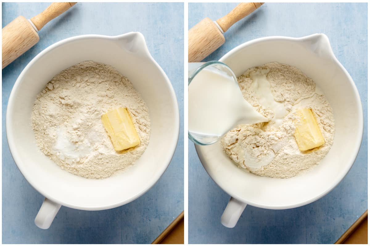Mixing bowl with flour, salt and baking powder with butter, then milk being added. 