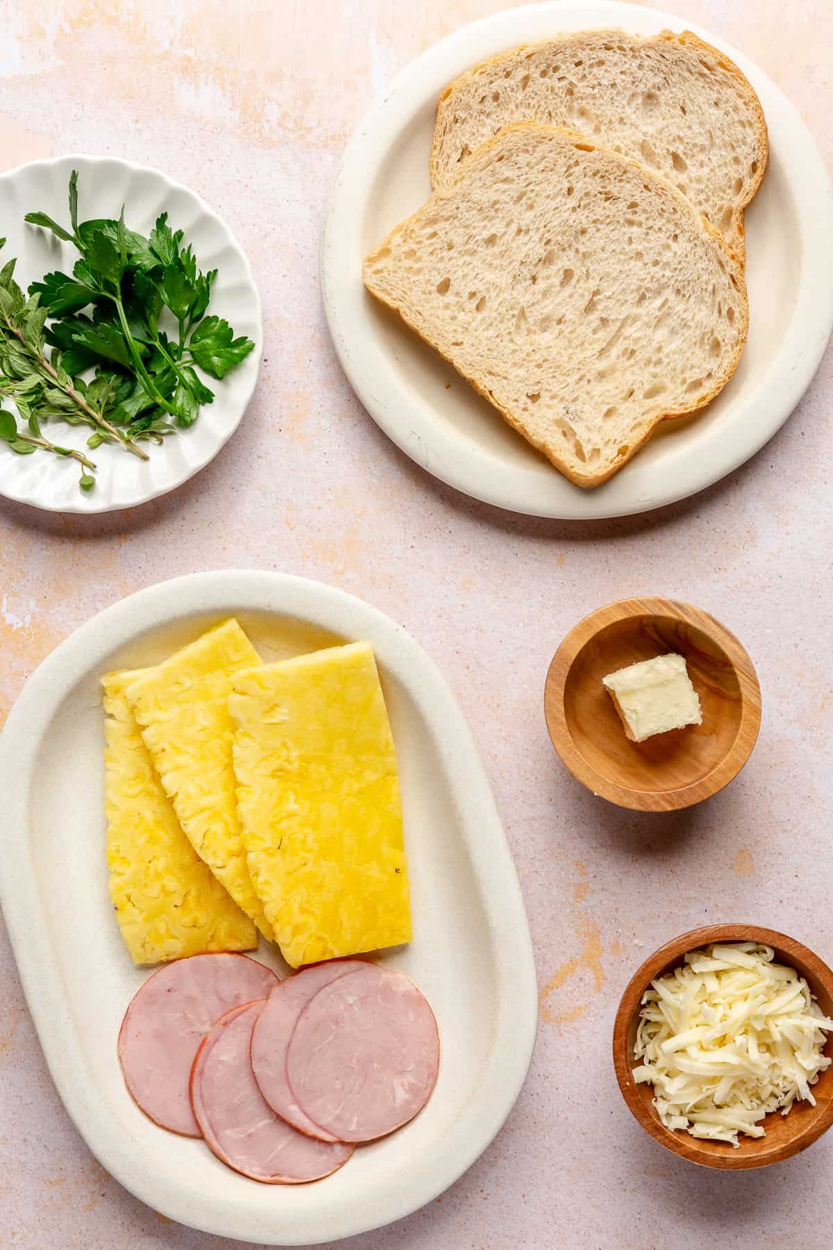Ingredients needed to make a Hawaiian Grilled Cheese Sandwich.