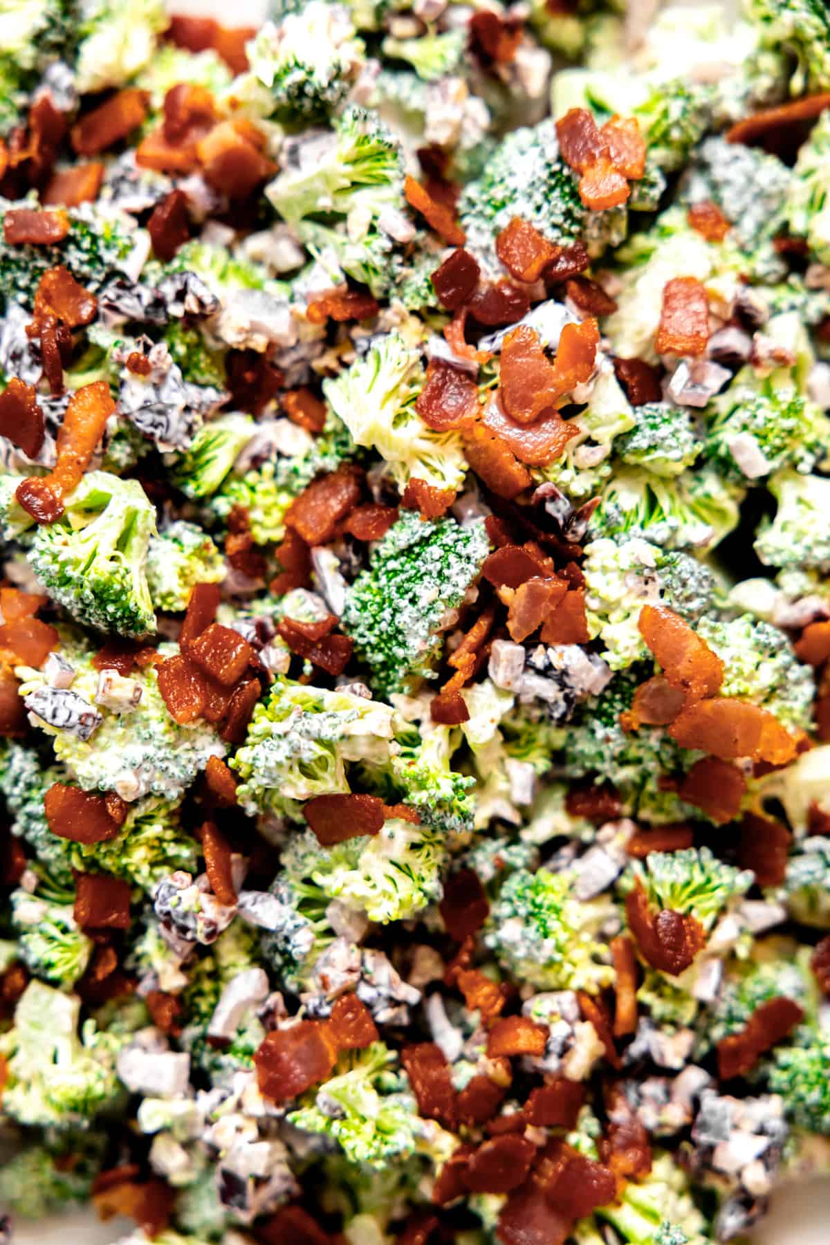 Up close view of broccoli salad.