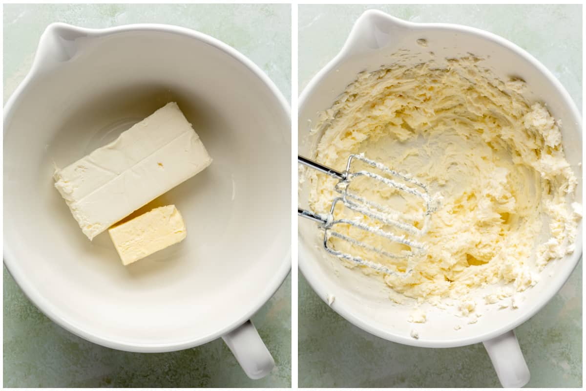 Cream cheese and butter before and after mixing in a white mixing bowl.